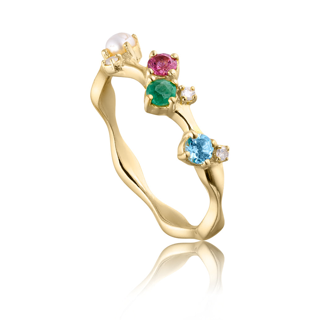 Glow ring i 18 karat guldbelagt sølv med blå topas, diamant, smaragd, ferskvandsperle og pink turmalin