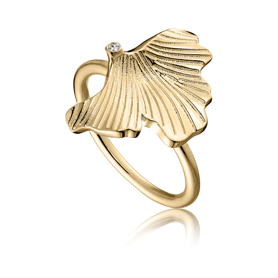 Divine ring i 18 karat guldbelagt sølv med blad og zirkonia