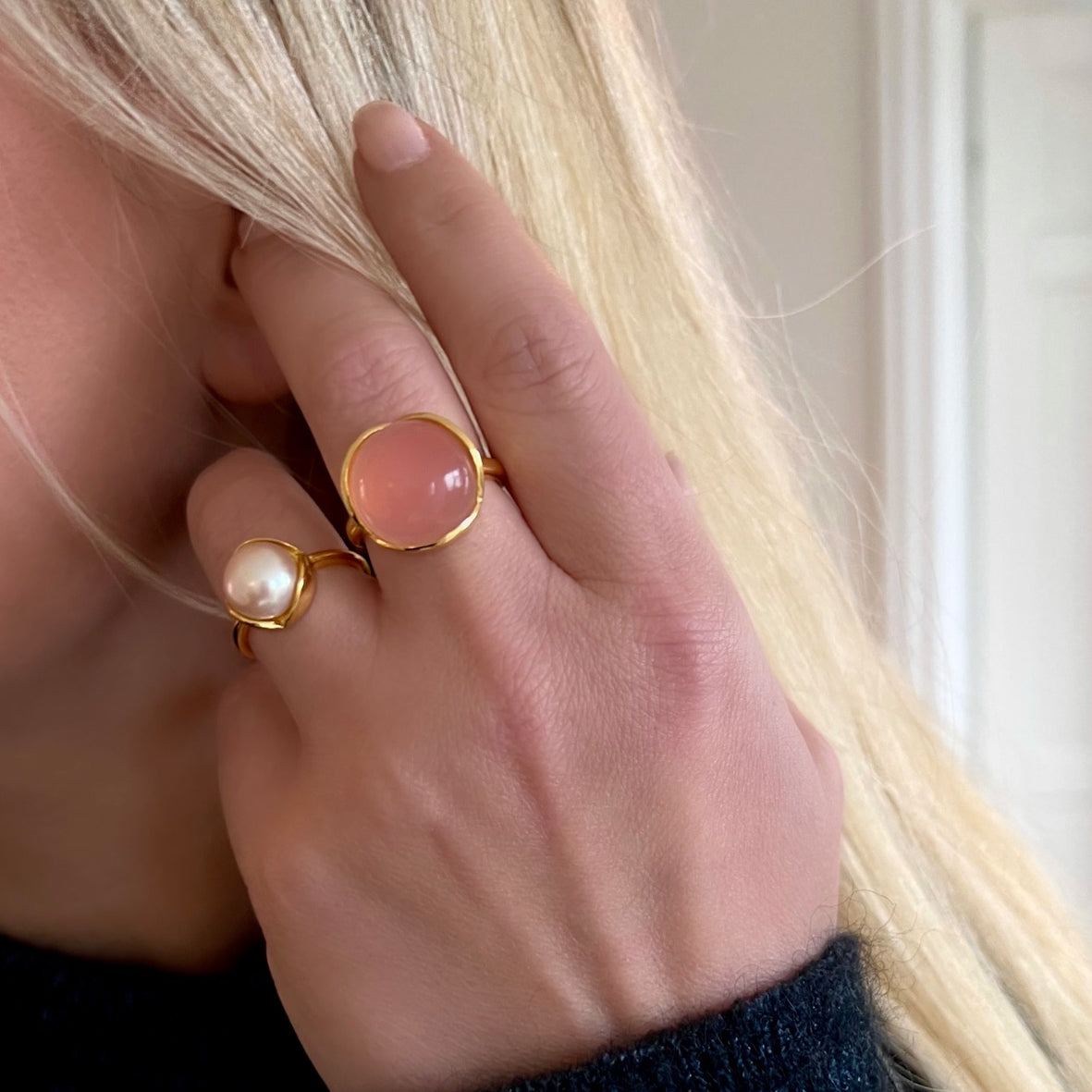 Glory ring stor i sølv med rosa kalcedon